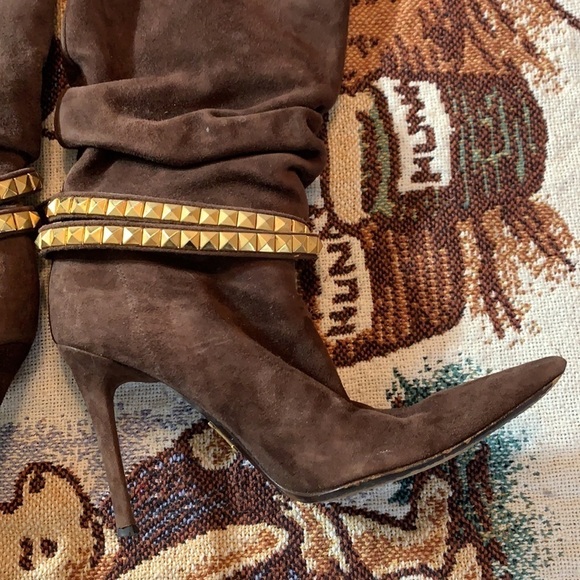 Vintage Iceberg Scrunchy Brown Suede Stiletto Boot gold stud wrap strap heel 8 - Picture 15 of 16